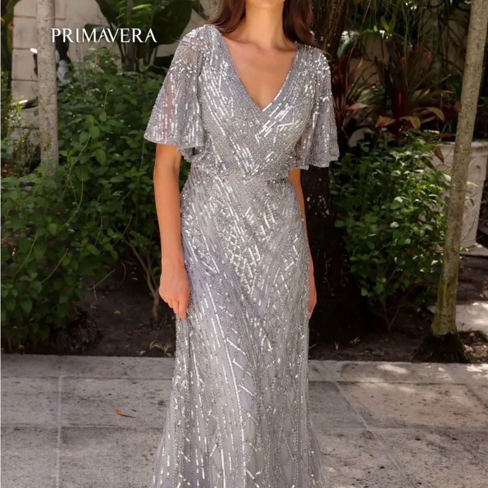 Primavera Silver Sequin Evening Gown size 14